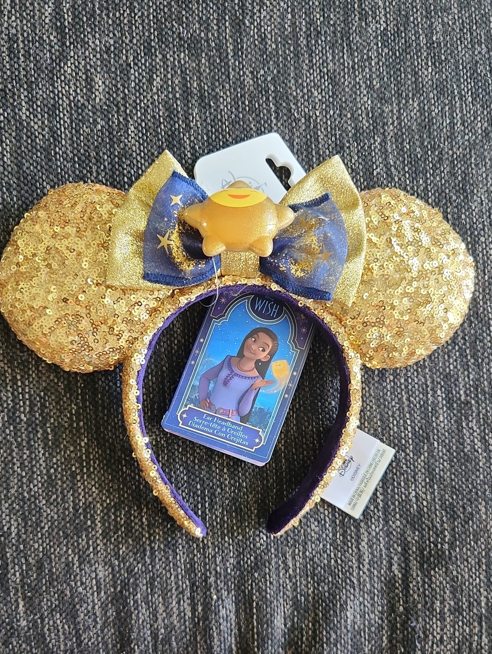 Gold Sequin "WISH" Minnie Ears Headband with Navy Bow and Star Charm